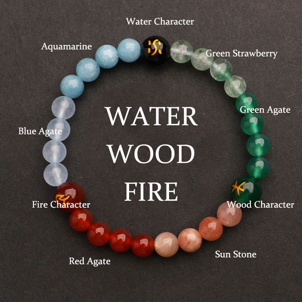 Buddha Stones Five Elements Various Agate Crystal Green Strawberry Quartz Sun Stone Wealth Bracelet Bracelet BS Water Fire Wood(Wrist Circumference: 14-16cm) 6mm