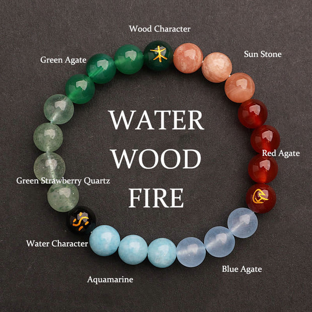 Buddha Stones Five Elements Various Agate Crystal Green Strawberry Quartz Sun Stone Wealth Bracelet Bracelet BS Water Fire Wood(Wrist Circumference: 14-16cm) 8mm