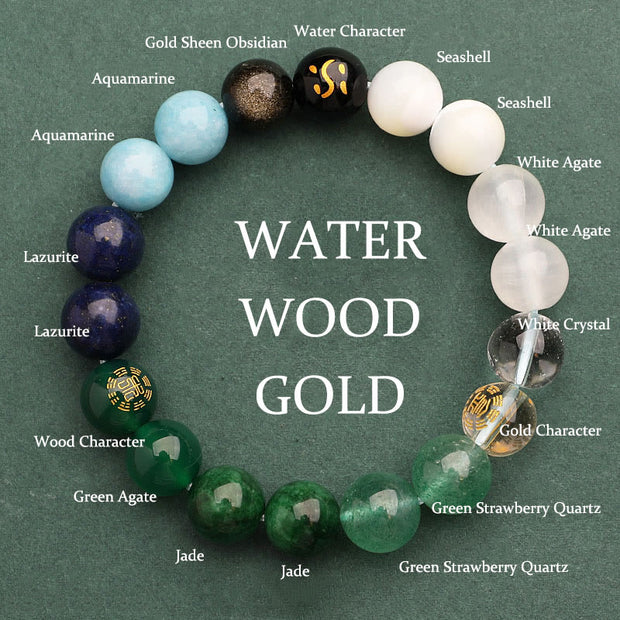 Buddha Stones Five Elements Various Agate Crystal Green Strawberry Quartz Sun Stone Wealth Bracelet Bracelet BS Gold Water Wood(Wrist Circumference: 14-16cm) 10mm