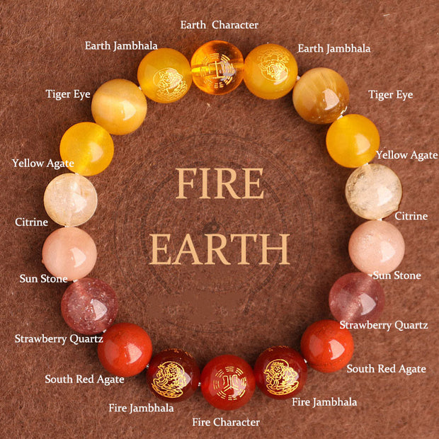 Buddha Stones Five Elements Various Agate Crystal South Red Agate Strawberry Quartz Sun Stone Citrine Luck Bracelet Bracelet BS Fire Earth(Wrist Circumference: 14-16cm) 12mm