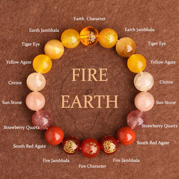 Buddha Stones Five Elements Various Agate Crystal South Red Agate Strawberry Quartz Sun Stone Citrine Luck Bracelet Bracelet BS Fire Earth(Wrist Circumference: 14-16cm) 10mm