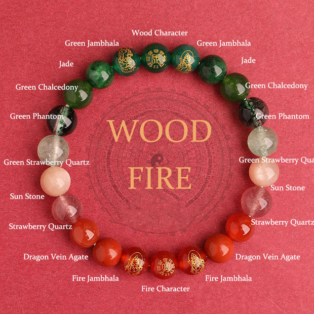 Buddha Stones Five Elements Various Agate Crystal South Red Agate Strawberry Quartz Sun Stone Citrine Luck Bracelet Bracelet BS Fire Wood(Wrist Circumference: 14-16cm) 8mm