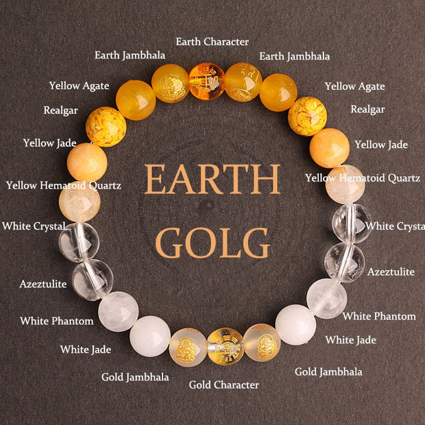 Buddha Stones Five Elements Various Agate Crystal South Red Agate Strawberry Quartz Sun Stone Citrine Luck Bracelet Bracelet BS Gold Earth(Wrist Circumference: 14-16cm) 8mm