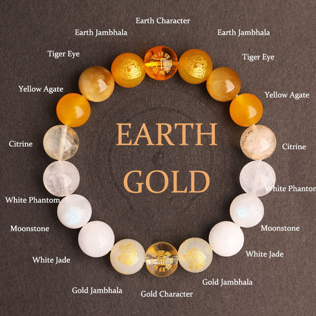 Buddha Stones Five Elements Various Agate Crystal South Red Agate Strawberry Quartz Sun Stone Citrine Luck Bracelet Bracelet BS Gold Earth(Wrist Circumference: 14-16cm) 10mm