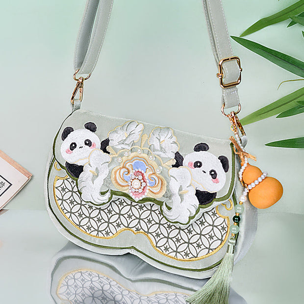 Buddha Stones Panda Flowers Gourd Pendant Shoulder Bag Crossbody Bag Crossbody Bag&Shoudler Bag BS 2