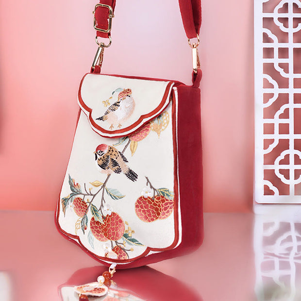 Buddha Stones Magpie Lychee Embroidery Tassel Shoulder Bag Crossbody Bag