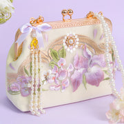 Buddha Stones Flowers Embroidered Tassel Pendant Pearl Metal Chain Crossbody Bag Handbags Crossbody Bag&Handbags BS Light Purple Flower Embroidery Pearl Chain 22*17*7cm