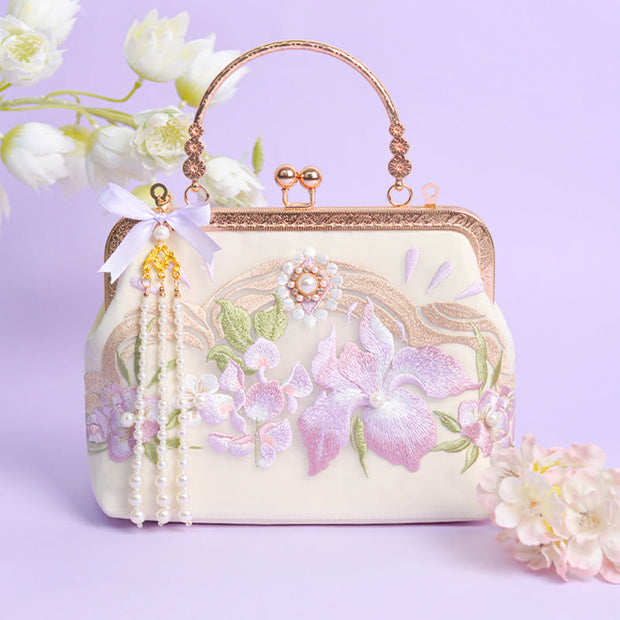 Buddha Stones Flowers Embroidered Tassel Pendant Pearl Metal Chain Crossbody Bag Handbags Crossbody Bag&Handbags BS Light Purple Flower Embroidery 22*17*7cm