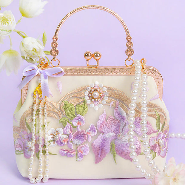 Buddha Stones Flowers Embroidered Tassel Pendant Pearl Metal Chain Crossbody Bag Handbags Crossbody Bag&Handbags BS 1