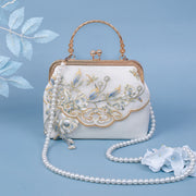 Buddha Stones Jasmine Flowers Embroidery Pearl Chain Crossbody Bag Handbags Crossbody Bag&Handbags BS 5