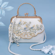 Buddha Stones Jasmine Flowers Embroidery Pearl Chain Crossbody Bag Handbags Crossbody Bag&Handbags BS White Jasmine Embroidery Pearl Chain 22*17*7cm