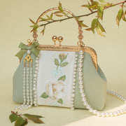 Buddha Stones Double-sided Flowers Embroidery Pearl Pendant Metal Chain Crossbody Bag Handbags Crossbody Bag&Handbags BS PaleGreen Flowers Embroidery Pearl Chain Pendant 20*14*7cm