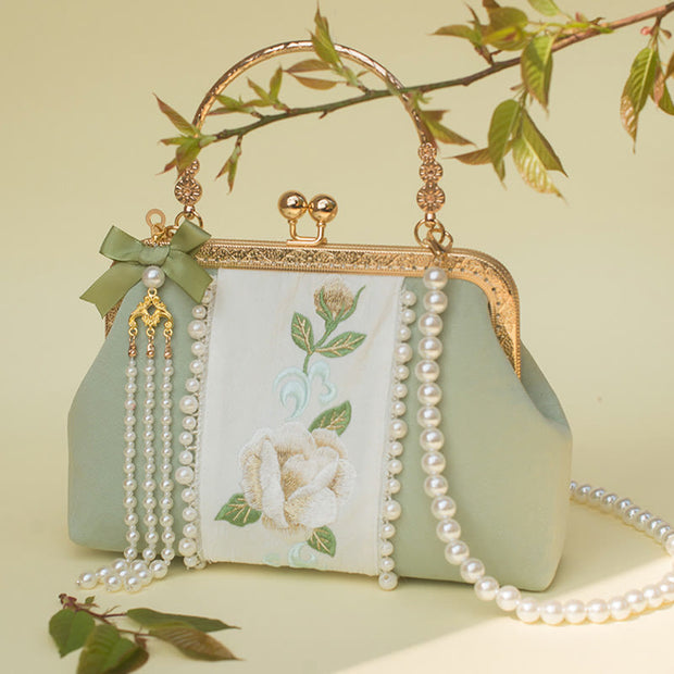 Buddha Stones Double-sided Flowers Embroidery Pearl Pendant Metal Chain Crossbody Bag Handbags