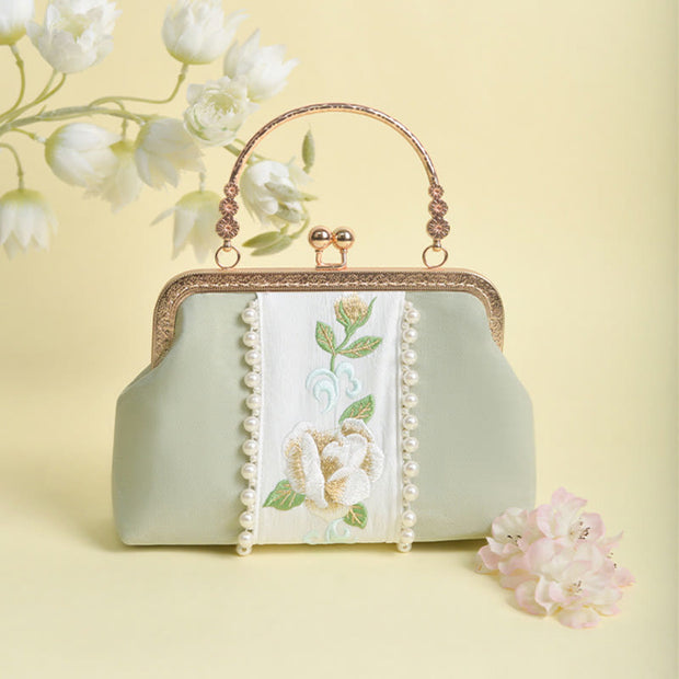 Buddha Stones Double-sided Flowers Embroidery Pearl Pendant Metal Chain Crossbody Bag Handbags Crossbody Bag&Handbags BS PaleGreen Flowers Embroidery 20*14*7cm