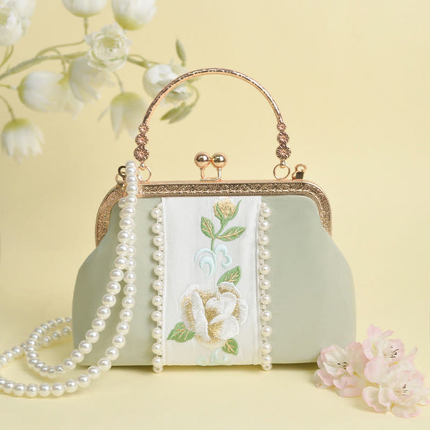 Buddha Stones Double-sided Flowers Embroidery Pearl Pendant Metal Chain Crossbody Bag Handbags Crossbody Bag&Handbags BS PaleGreen Flowers Embroidery Pearl Chain 20*14*7cm