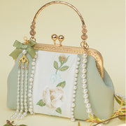 Buddha Stones Double-sided Flowers Embroidery Pearl Pendant Metal Chain Crossbody Bag Handbags