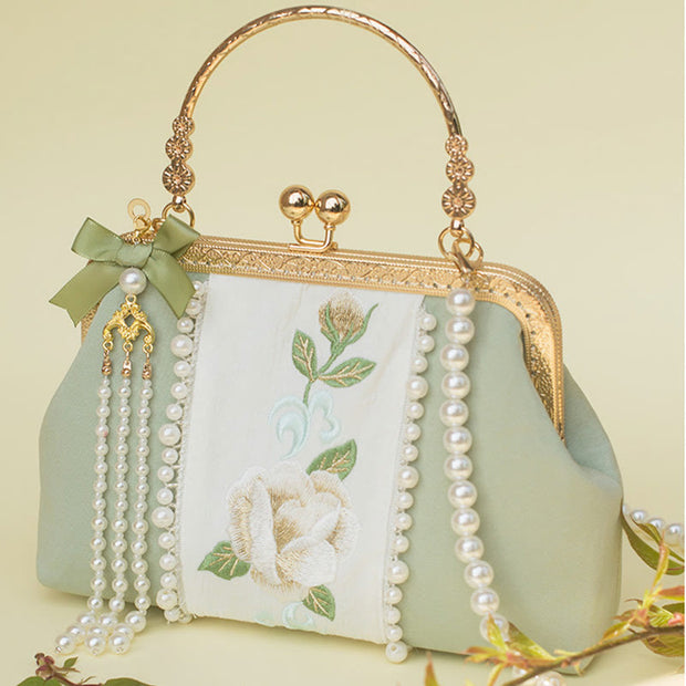 Buddha Stones Double-sided Flowers Embroidery Pearl Pendant Metal Chain Crossbody Bag Handbags Crossbody Bag&Handbags BS 3