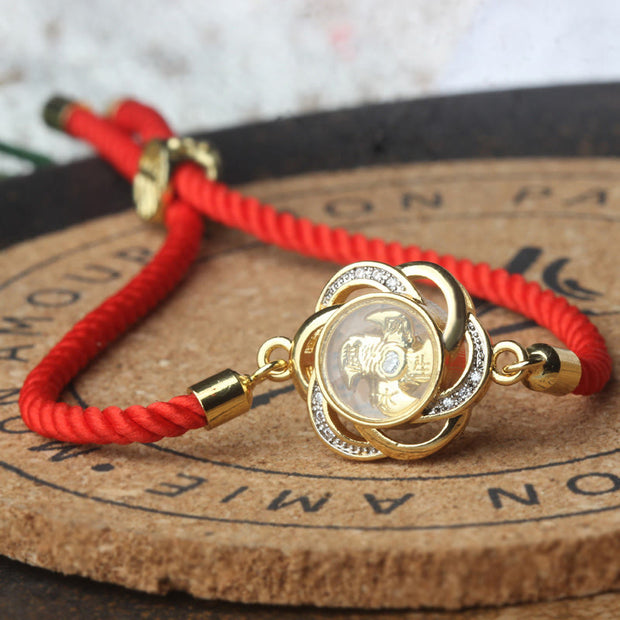 Buddha Stones Rotatable Plum Red String Copper Brass Windmill Feng Sheng Shui Qi Protection Braided Bracelet