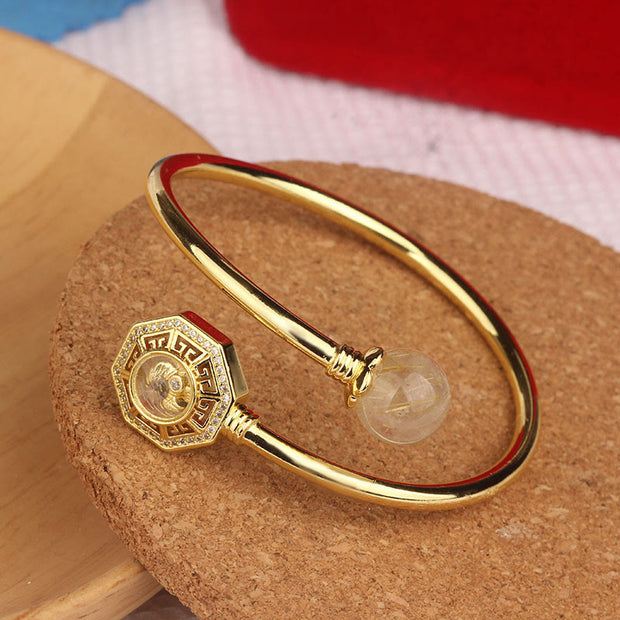 Buddha Stones Rutilated Quartz Copper Brass Rotatable Windmill Feng Sheng Shui Qi Courage Bracelet Bangle