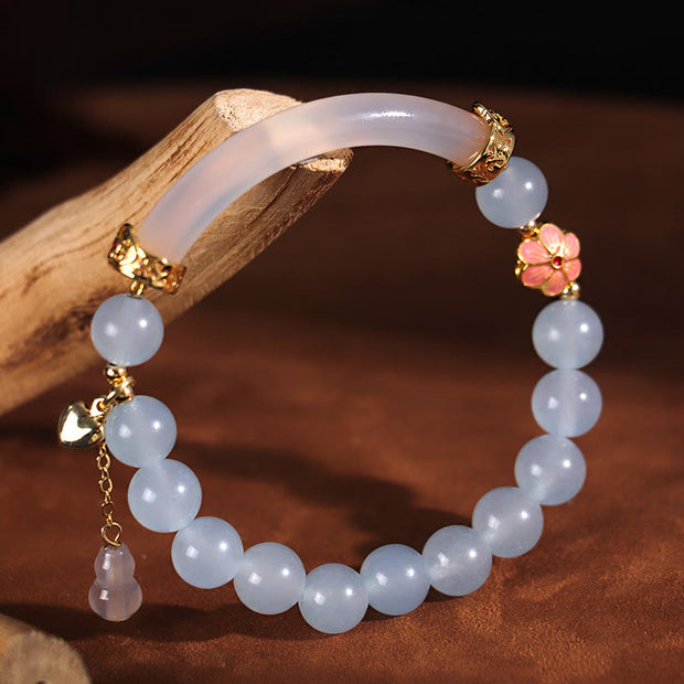 Buddha Stones Pink Crystal Blue Chalcedony Pearl Cuff Half Bracelet Bangle