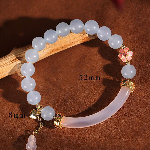 Buddha Stones Pink Crystal Blue Chalcedony Pearl Cuff Half Bracelet Bangle