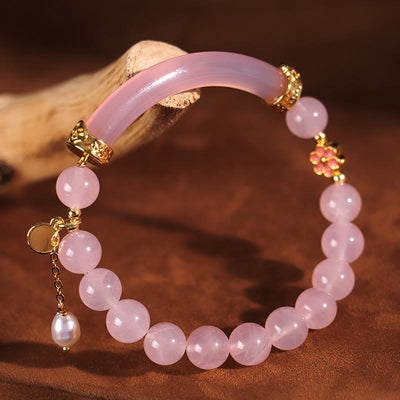 Buddha Stones Pink Crystal Blue Chalcedony Pearl Cuff Half Bracelet Bangle