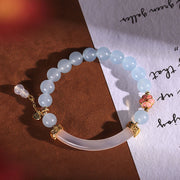 Buddha Stones Pink Crystal Blue Chalcedony Pearl Cuff Half Bracelet Bangle