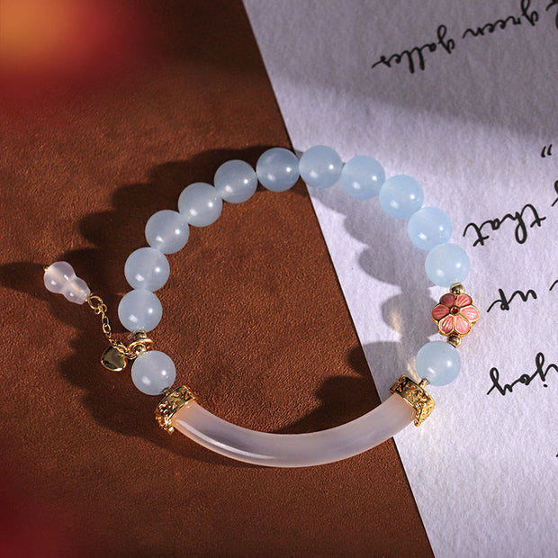 Buddha Stones Pink Crystal Blue Chalcedony Pearl Cuff Half Bracelet Bangle