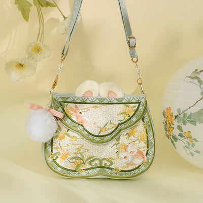 Buddha Stones Osmanthus Rabbit Embroidery Pearl Chain Furball Tassel Shoulder Bag Crossbody Bag Crossbody Bag&Shoudler Bag BS PaleGreen Osmanthus Rabbit Pearl Chain Strap Furball 25*18*4cm