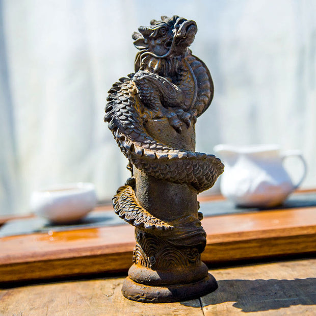 Buddha Stones Handmade Flying Dragon Around The Pillar Iron Powder Rust Cast Resin Statue Home Decoration