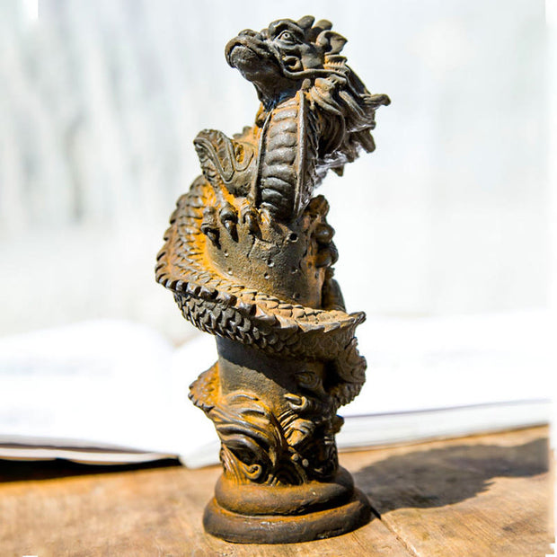 Buddha Stones Handmade Flying Dragon Around The Pillar Iron Powder Rust Cast Resin Statue Home Decoration Decorations BS 7