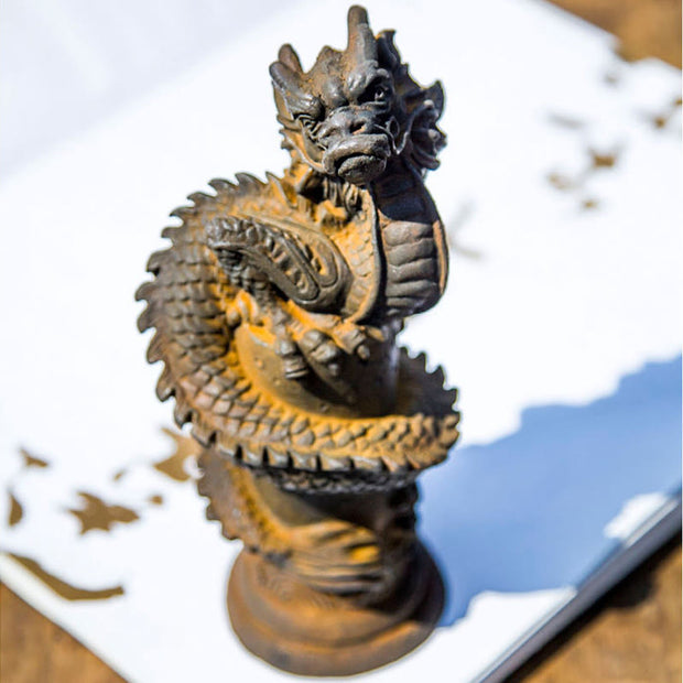 Buddha Stones Handmade Flying Dragon Around The Pillar Iron Powder Rust Cast Resin Statue Home Decoration Decorations BS 4