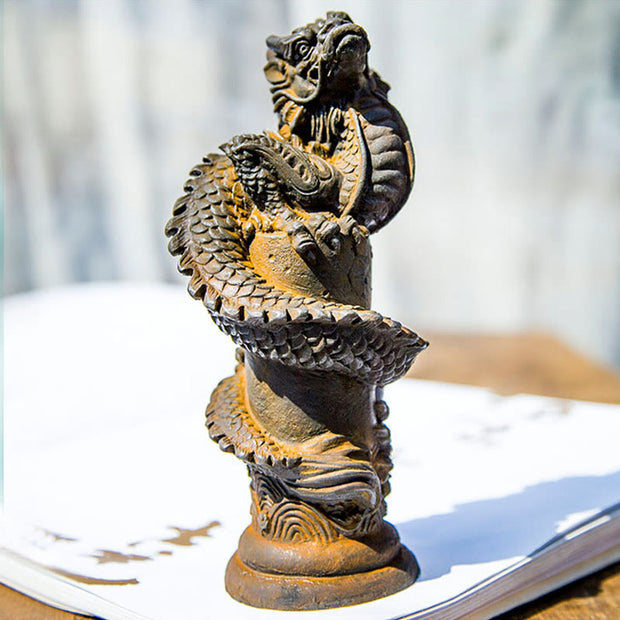 Buddha Stones Handmade Flying Dragon Around The Pillar Iron Powder Rust Cast Resin Statue Home Decoration Decorations BS 8