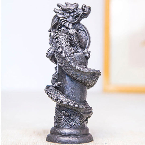 Buddha Stones Handmade Flying Dragon Around The Pillar Iron Powder Rust Cast Resin Statue Home Decoration Decorations BS 21