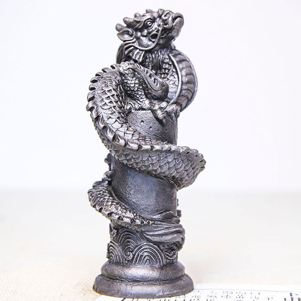 Buddha Stones Handmade Flying Dragon Around The Pillar Iron Powder Rust Cast Resin Statue Home Decoration Decorations BS 24