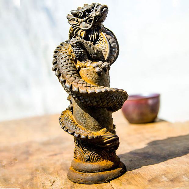 Buddha Stones Handmade Flying Dragon Around The Pillar Iron Powder Rust Cast Resin Statue Home Decoration Decorations BS 1