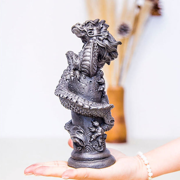 Buddha Stones Handmade Flying Dragon Around The Pillar Iron Powder Rust Cast Resin Statue Home Decoration Decorations BS 18