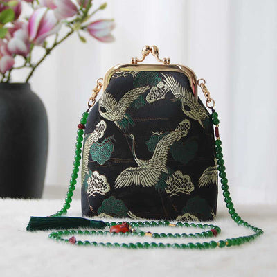 Buddha Stones Retro Chinese Embroidery Pearl Chain Crossbody Bag Shoudler Bag Crossbody Bag&Shoudler Bag BS Black Crane 14*6*18cm