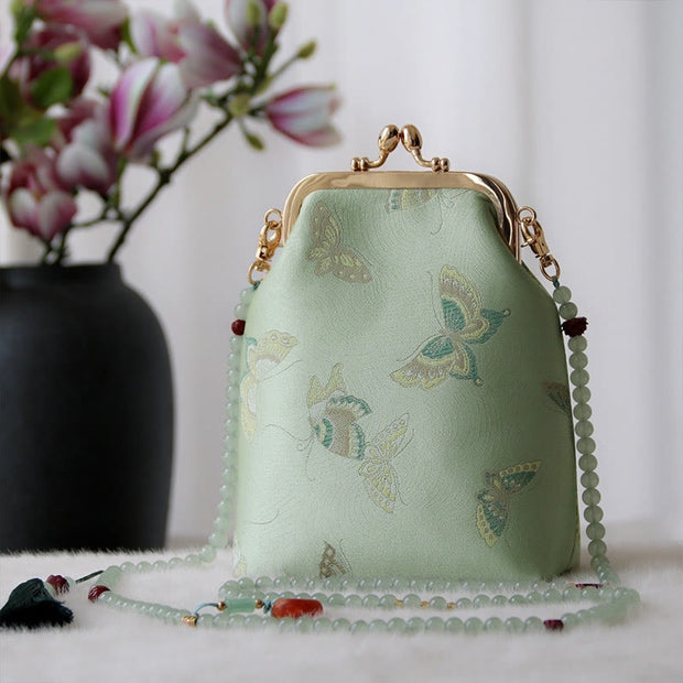 Buddha Stones Retro Chinese Embroidery Pearl Chain Crossbody Bag Shoudler Bag Crossbody Bag&Shoudler Bag BS PaleGreen Butterfly 14*6*18cm