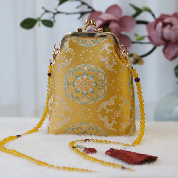 Buddha Stones Retro Chinese Embroidery Pearl Chain Crossbody Bag Shoudler Bag Crossbody Bag&Shoudler Bag BS Gold Deer Flower 14*6*18cm