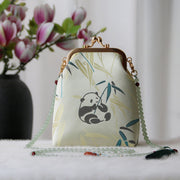 Buddha Stones Retro Chinese Embroidery Pearl Chain Crossbody Bag Shoudler Bag Crossbody Bag&Shoudler Bag BS PaleGreen Panda Bamboo 14*6*18cm