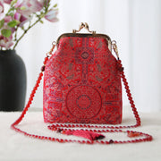 Buddha Stones Retro Chinese Embroidery Pearl Chain Crossbody Bag Shoudler Bag Crossbody Bag&Shoudler Bag BS Red Flower Embroidery 14*6*18cm