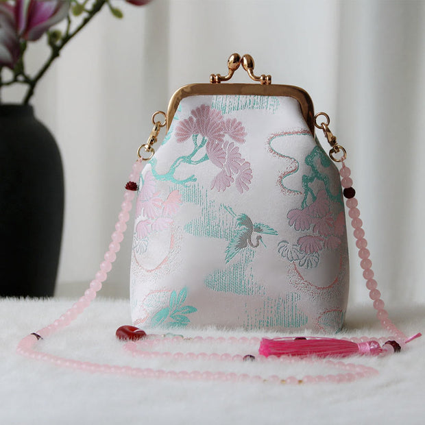 Buddha Stones Retro Chinese Embroidery Pearl Chain Crossbody Bag Shoudler Bag Crossbody Bag&Shoudler Bag BS LavenderBlush Tree 14*6*18cm