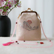 Buddha Stones Retro Chinese Embroidery Pearl Chain Crossbody Bag Shoudler Bag