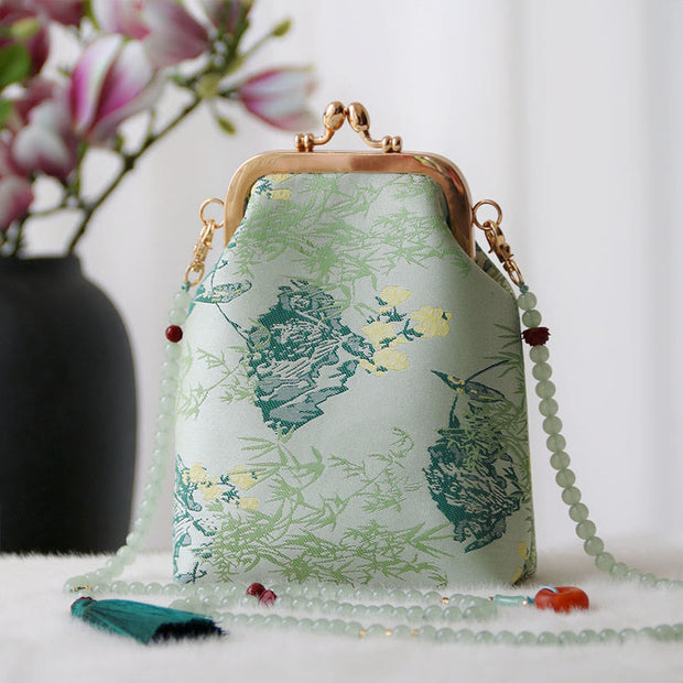 Buddha Stones Retro Chinese Embroidery Pearl Chain Crossbody Bag Shoudler Bag Crossbody Bag&Shoudler Bag BS Aquamarine Leaves 14*6*18cm