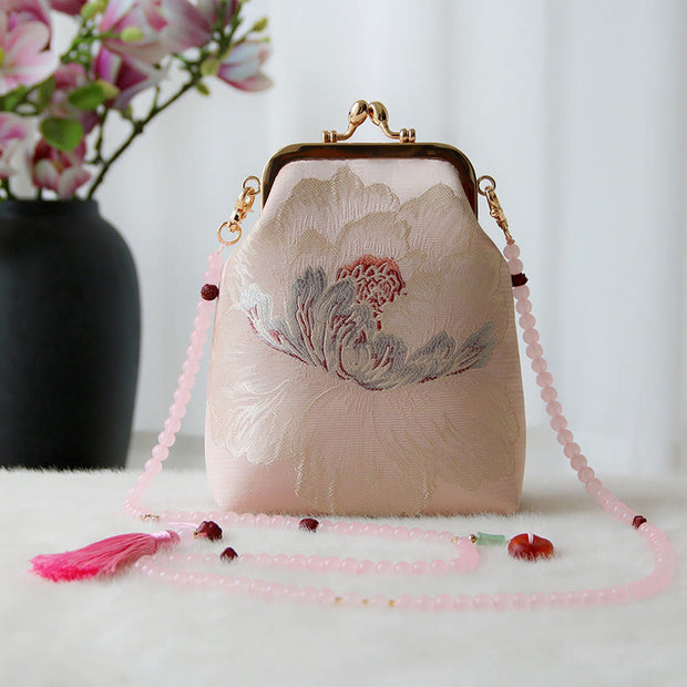 Buddha Stones Retro Chinese Embroidery Pearl Chain Crossbody Bag Shoudler Bag Crossbody Bag&Shoudler Bag BS Pink Flower 14*6*18cm