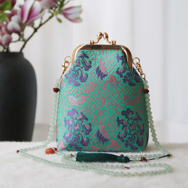 Buddha Stones Retro Chinese Embroidery Pearl Chain Crossbody Bag Shoudler Bag Crossbody Bag&Shoudler Bag BS MediumSpringGreen Flower 14*6*18cm