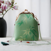 Buddha Stones Retro Chinese Embroidery Pearl Chain Crossbody Bag Shoudler Bag Crossbody Bag&Shoudler Bag BS SpringGreen Bamboo Leaves 14*6*18cm