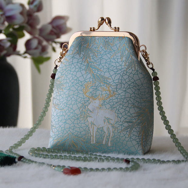 Buddha Stones Retro Chinese Embroidery Pearl Chain Crossbody Bag Shoudler Bag Crossbody Bag&Shoudler Bag BS LightSkyBlue Deer 14*6*18cm