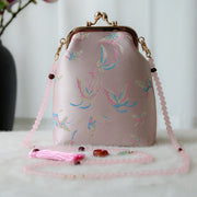 Buddha Stones Retro Chinese Embroidery Pearl Chain Crossbody Bag Shoudler Bag Crossbody Bag&Shoudler Bag BS LightPink Butterfly 14*6*18cm